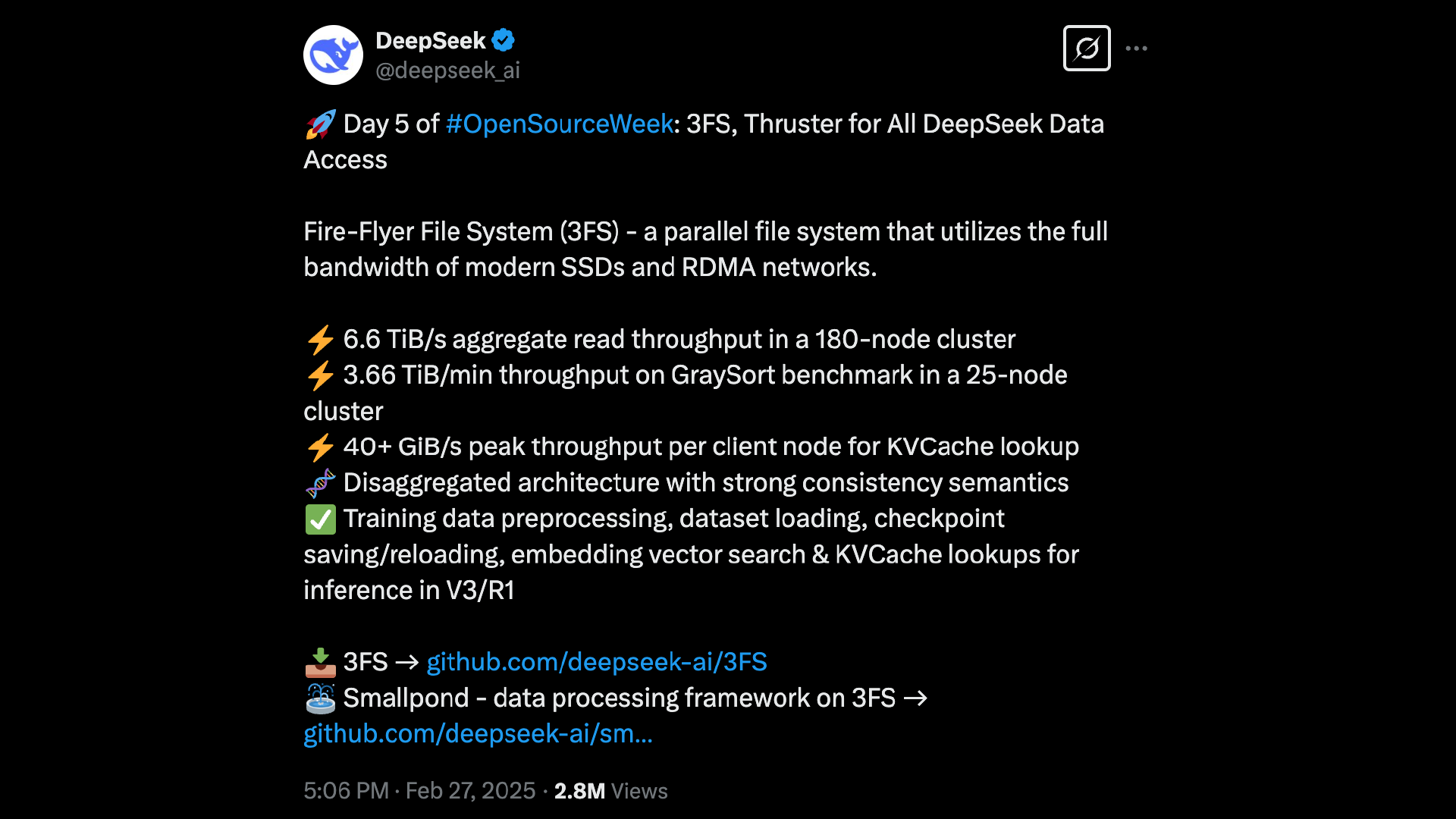 The bombshell DeepSeek tweet in question with 2.8M views!